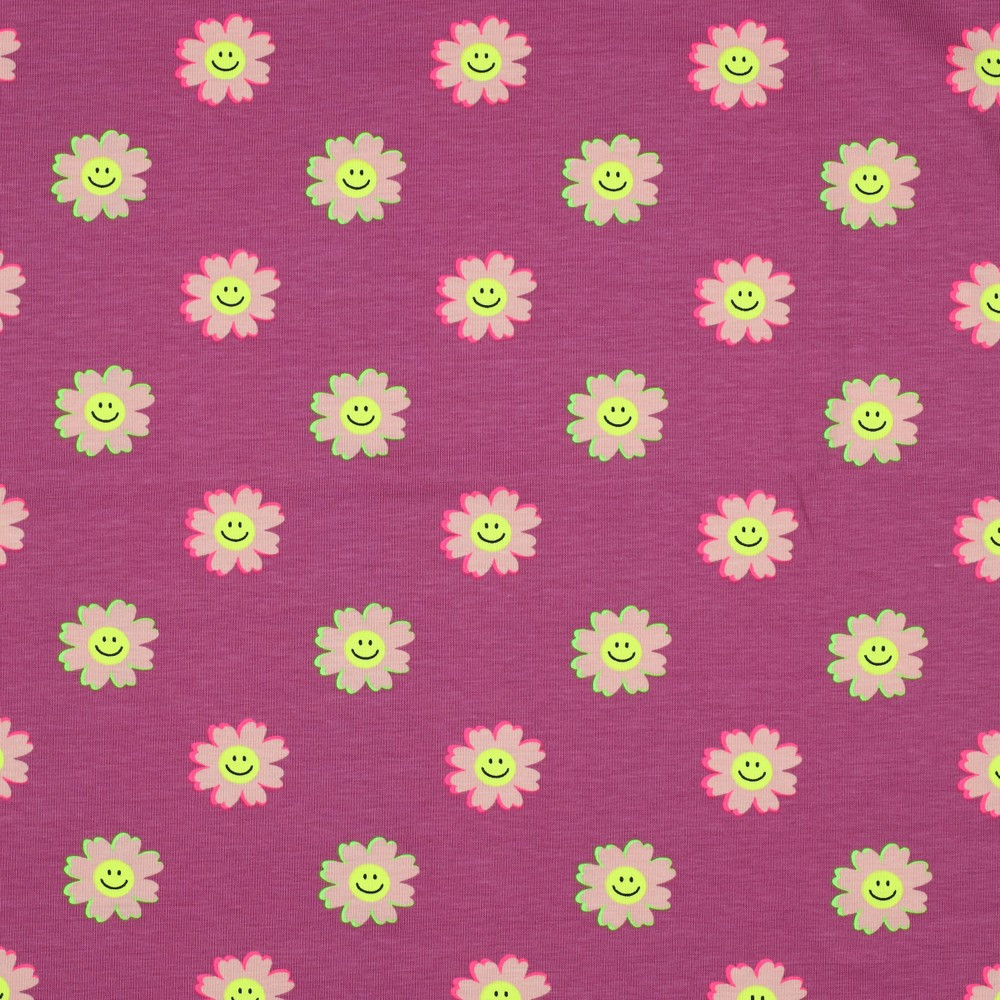 Neon Smiley Face Floral on Fuchsia Cotton Lycra Knit