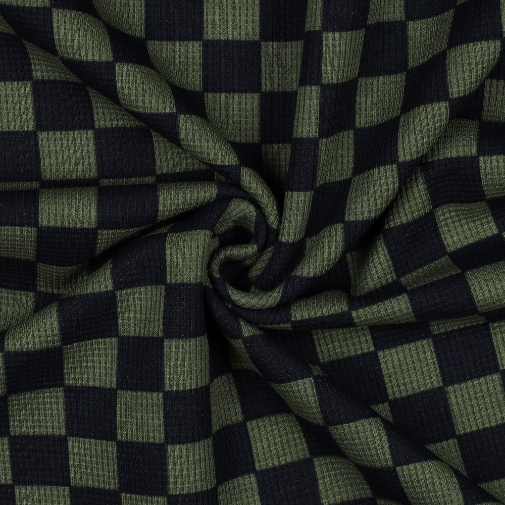 Olive Green & Navy Check Cotton Lycra Waffle Knit