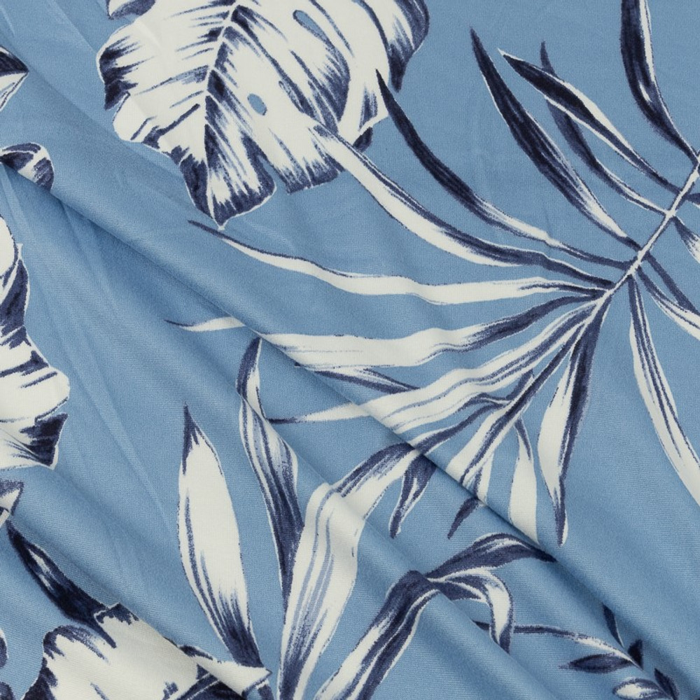 Tropical Leaves on Dusty Blue Double Brushed Poly