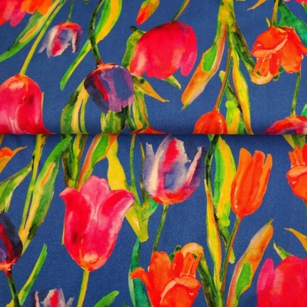 Tulips on Blue Viscose Jersey