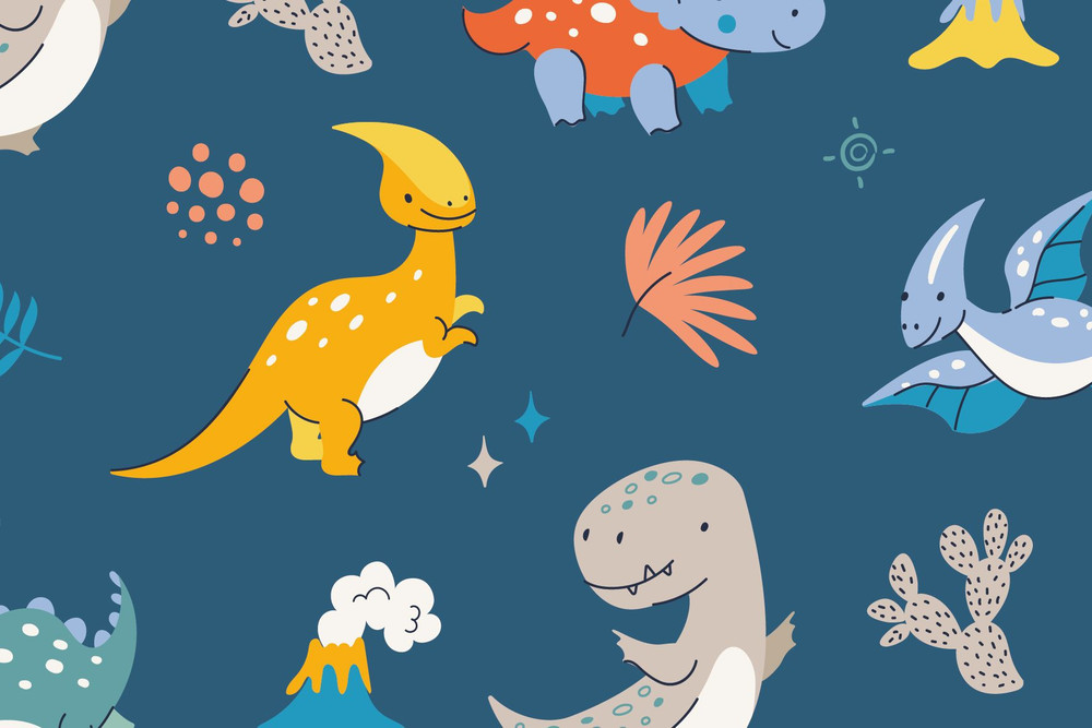 Happy Dinos on Blue Cotton Lycra Knit