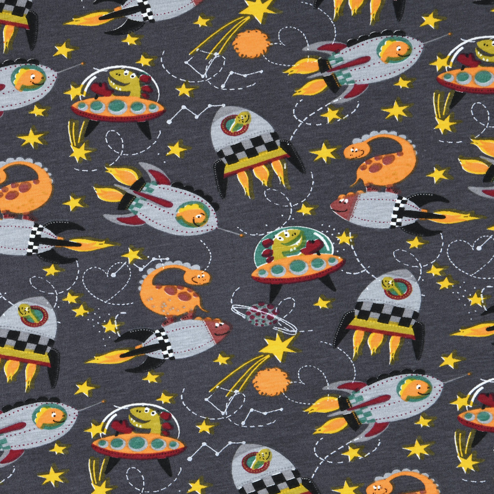 Stof France Dino Space Adventure on Gray Cotton Lycra