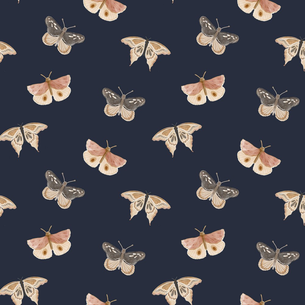 Folk Butterflies on Navy Organic Cotton Lycra Knit