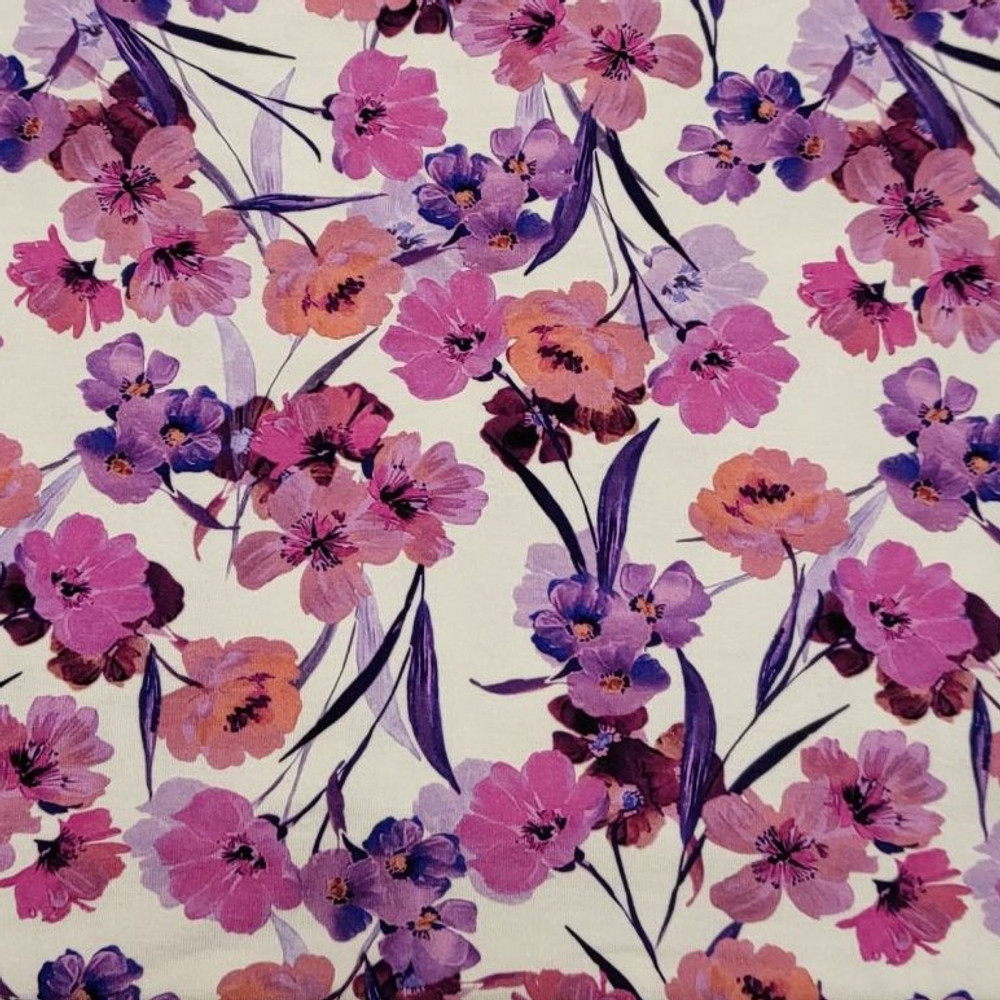 Purple Blooms on Cream Viscose Jersey