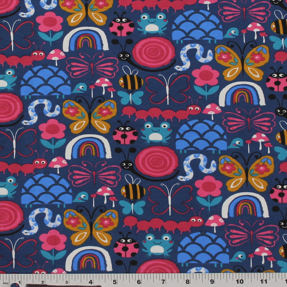 Stof France Colorful Bugs on Blue Cotton Lycra