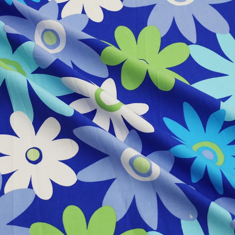 Blue Groovy Floral Cotton Spandex Stretch Woven