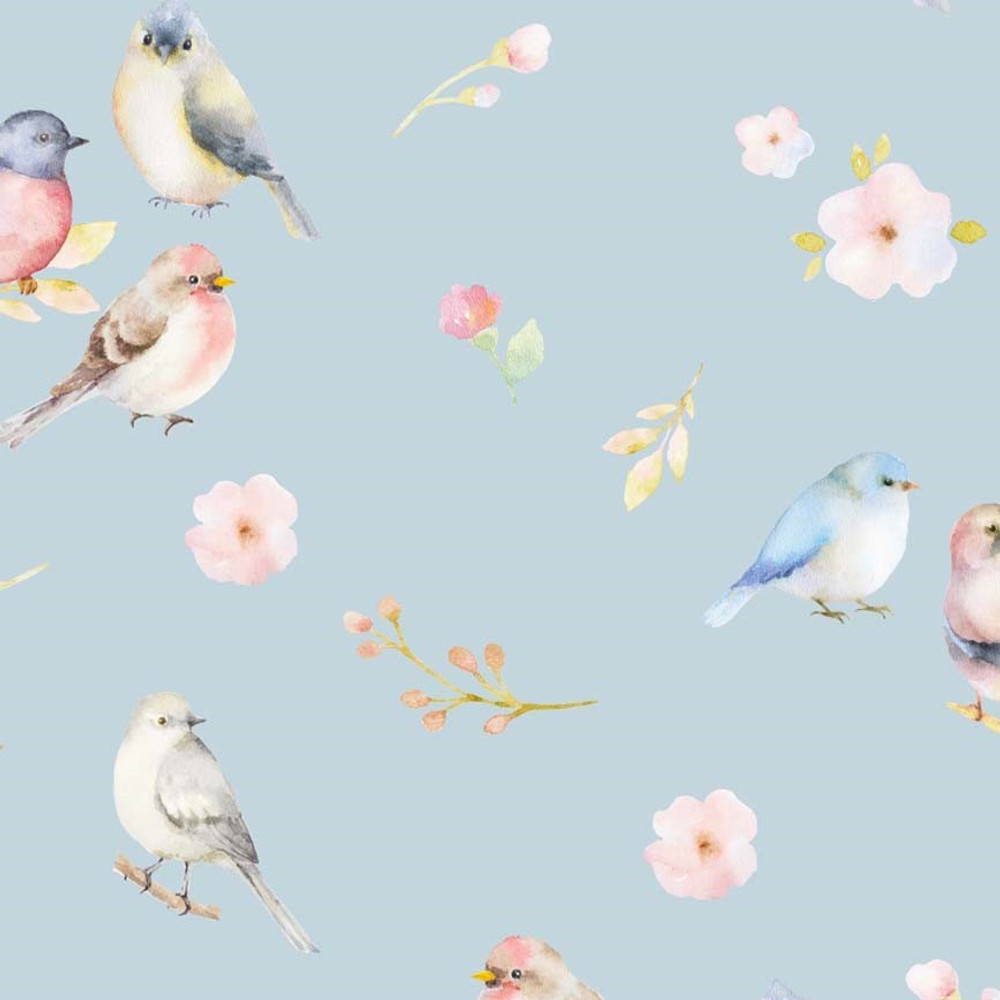 Sweet Birds on Blue Cotton Lycra Waffle Knit