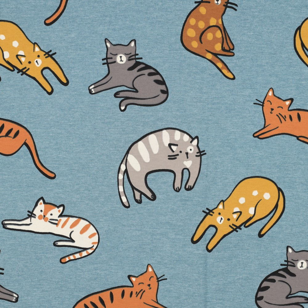 Cute Cats on Blue Melange Cotton Lycra