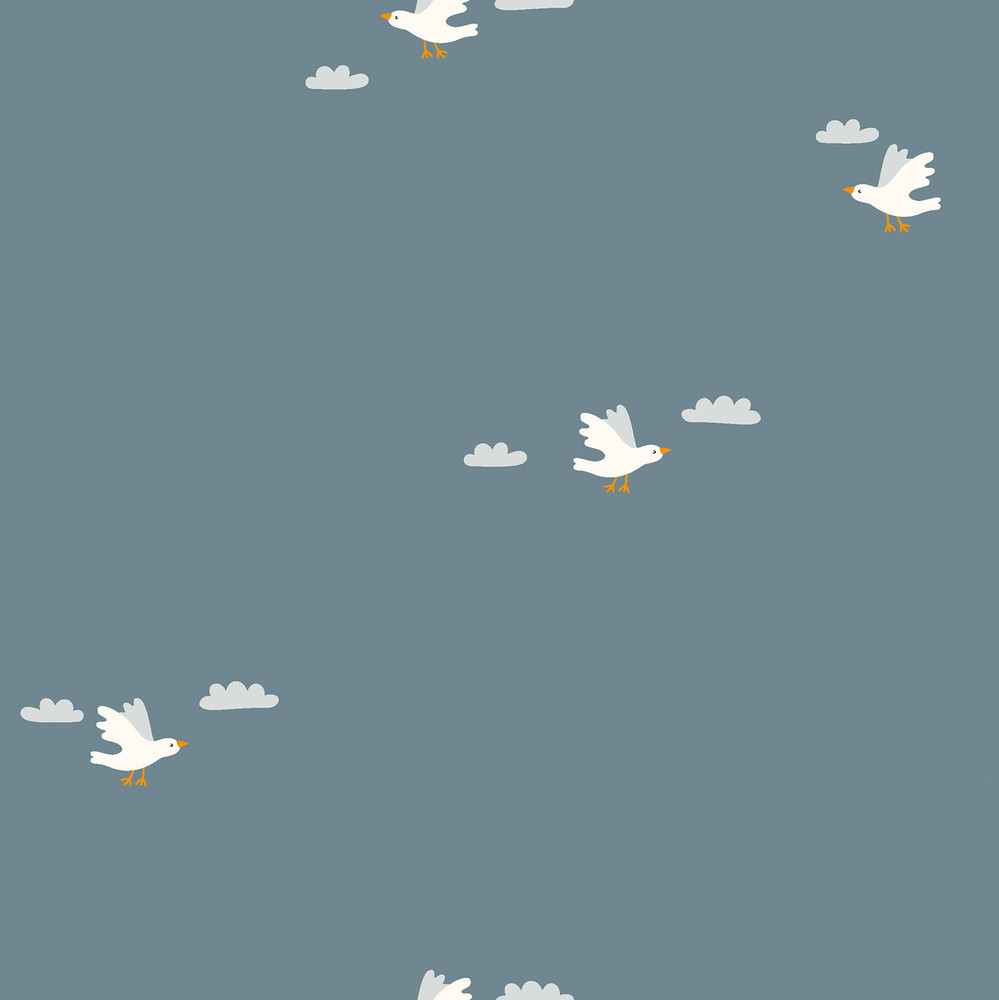 Seagulls on Denim Blue Cotton Lycra