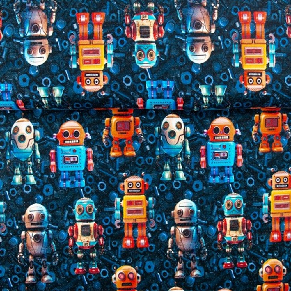 Robots on Navy Brushed French Terry