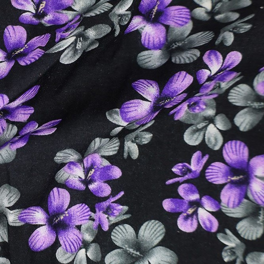 Purple Floral on Black Rayon Challis