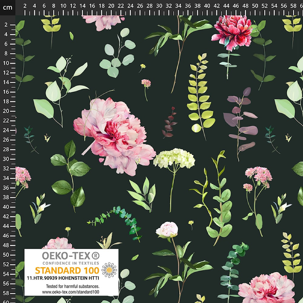 Stof Fabrics Peonies on Dark Green Cotton Lycra Knit
