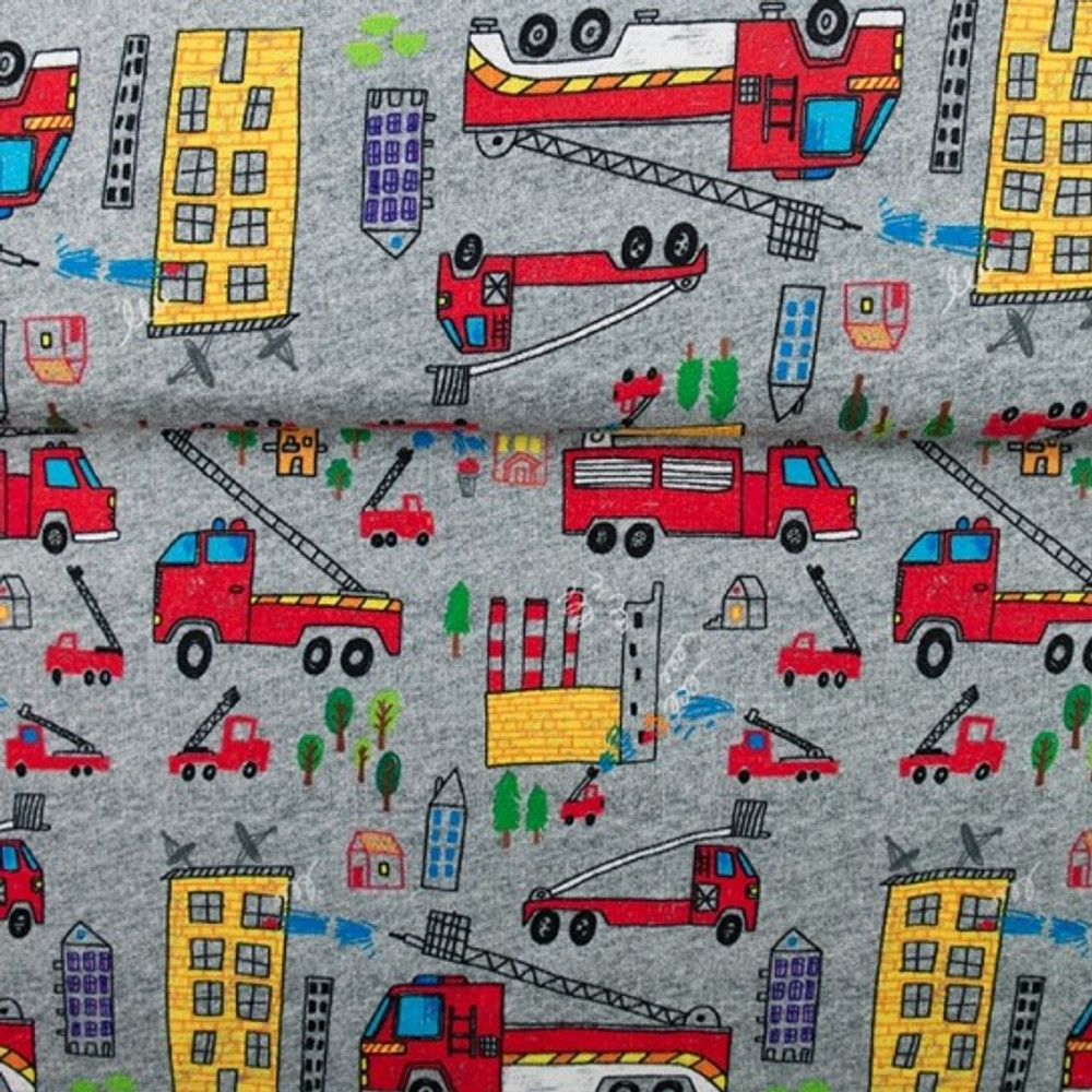 Firetrucks on Charcoal Brushed French Terry