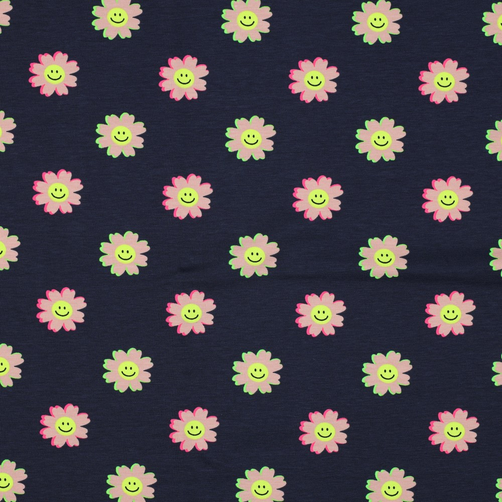 Neon Smiley Face Floral on Navy Cotton Lycra Knit