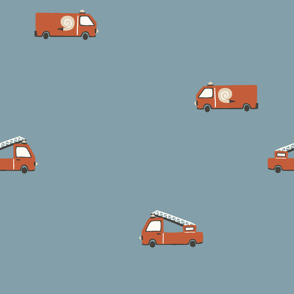 Fire Trucks on Dusty Blue Poplin