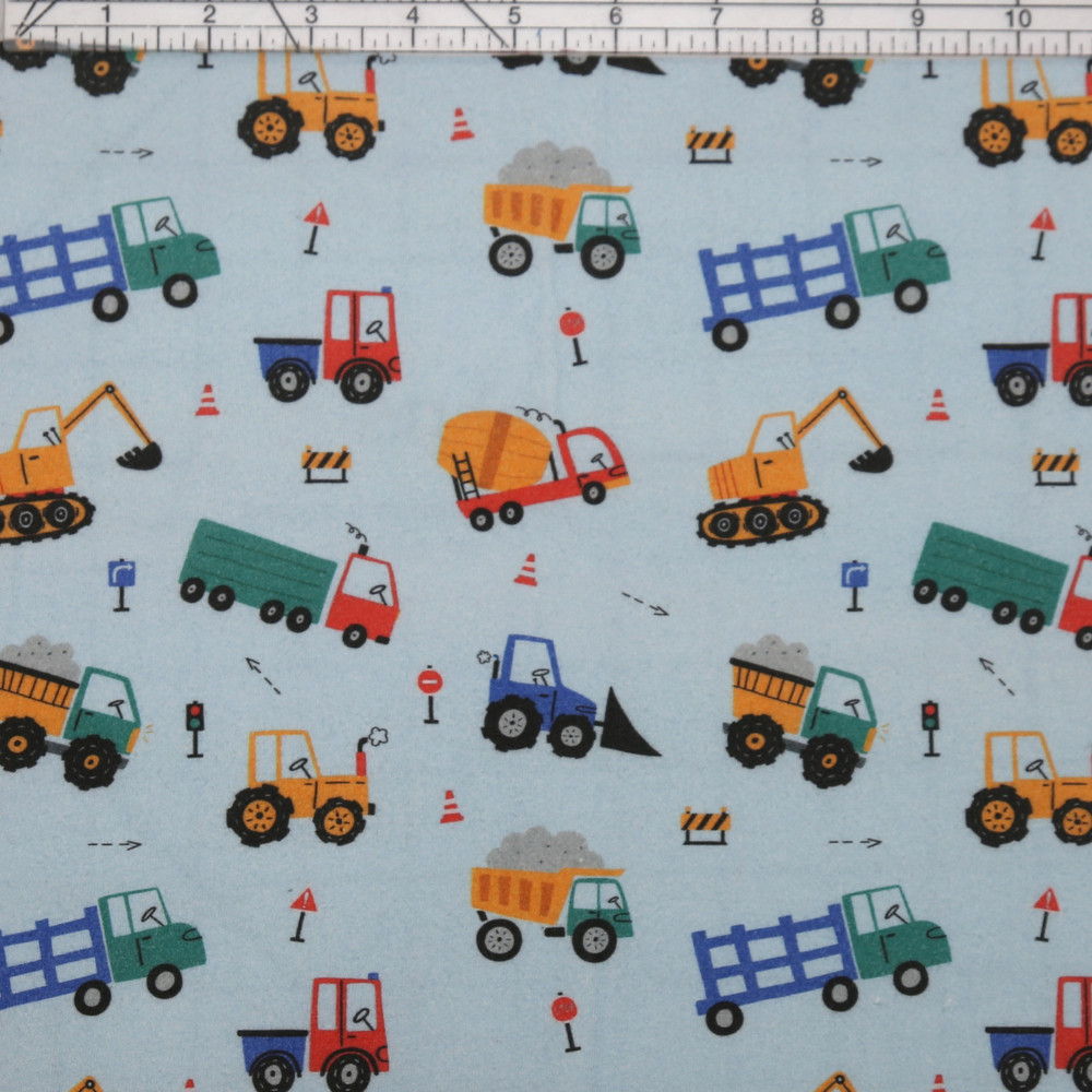 Custom Construction Trucks on Light Blue Cotton Lycra Knit