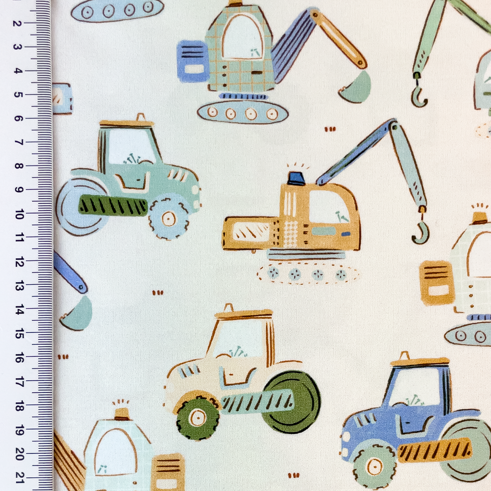 Digger & Tractors on Ivory Cotton Lycra Knit
