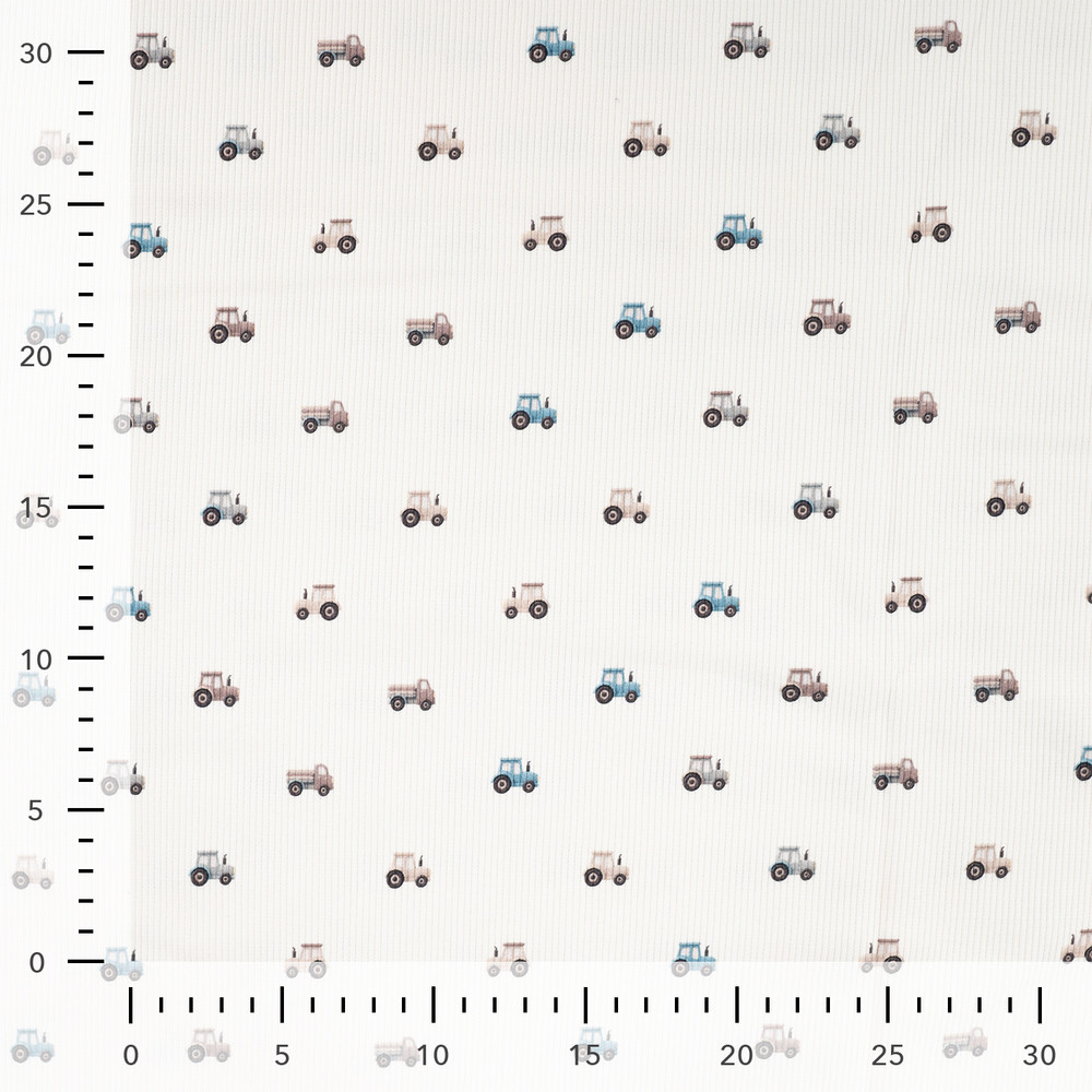 Mini Tractors on White Rib Knit