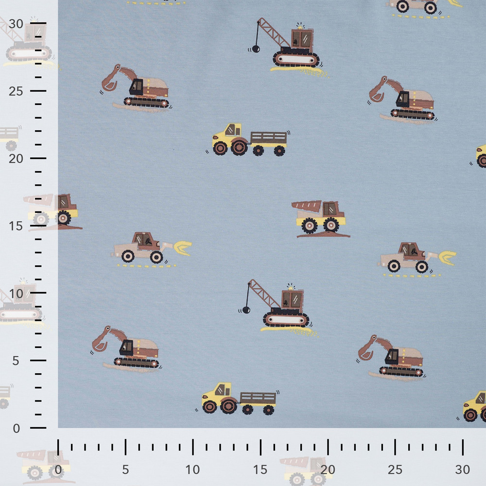 Construction Trucks on Dusty Blue Cotton Lycra Knit