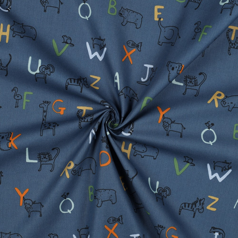 Animal ABC on Blue Poplin