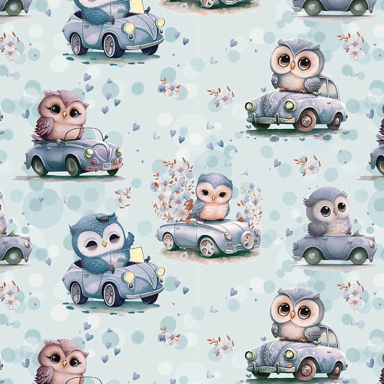 Sweet Owls in Cars Cotton Lycra