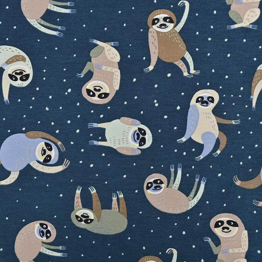 Silly Sloths on Blue Cotton Lycra