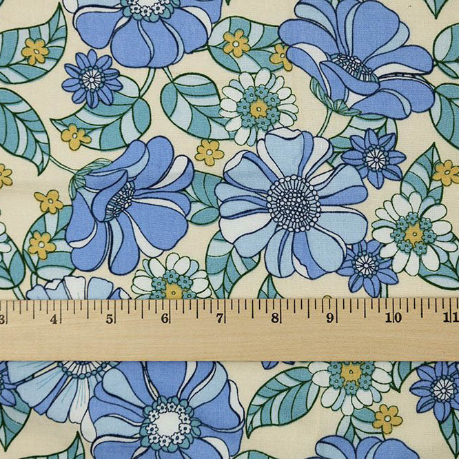 Retro Blue Floral Rayon Challis
