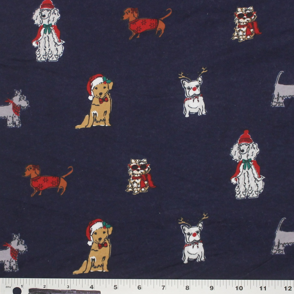 Festive Puppy Friends on Navy Flannel