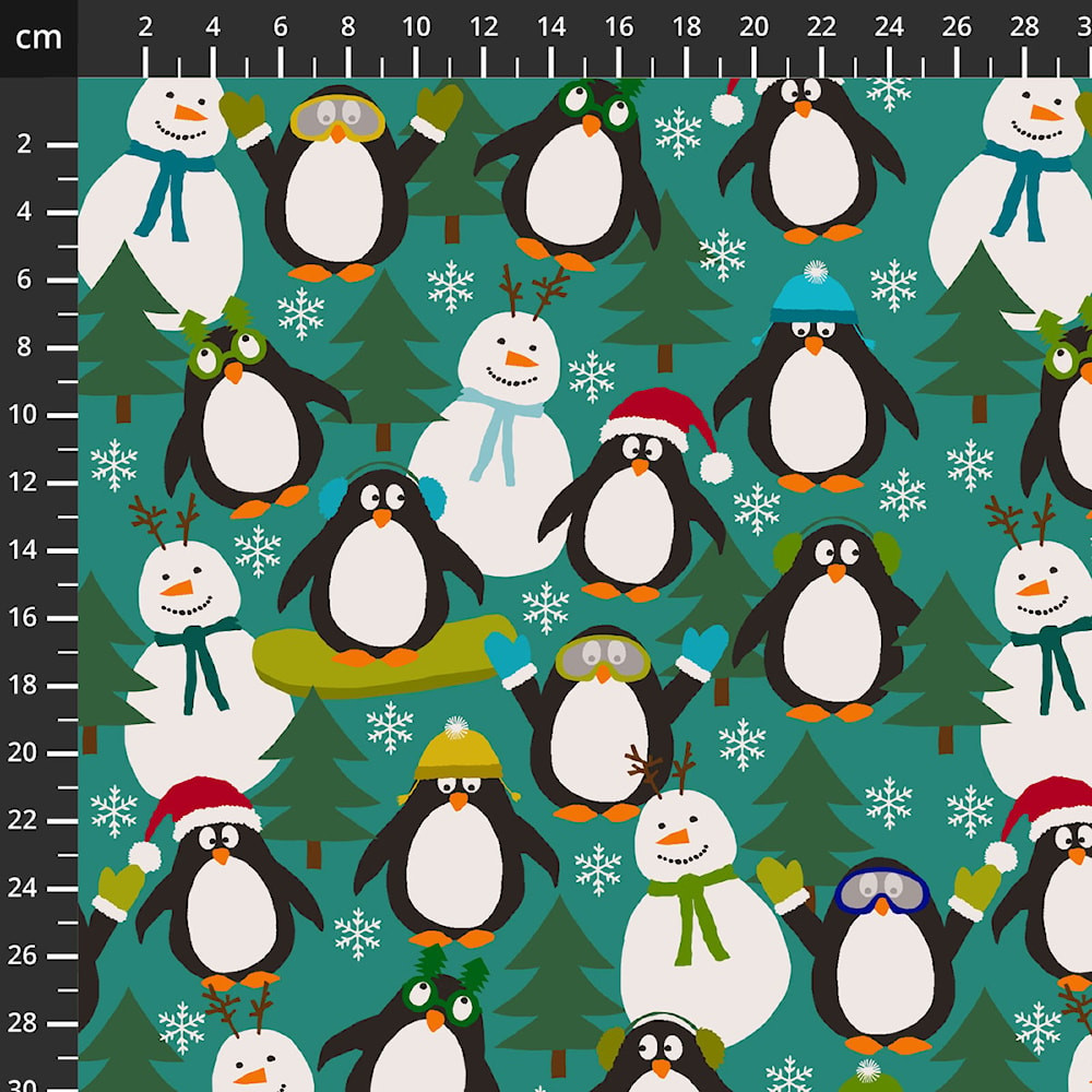 Stof Fabrics Penguins & Snowmen on Green French Terry
