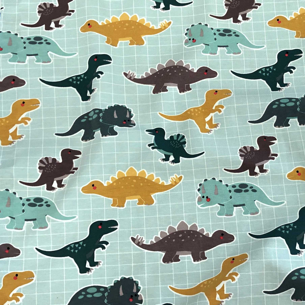 Dinosaur Grid on Teal Cotton Lycra Knit