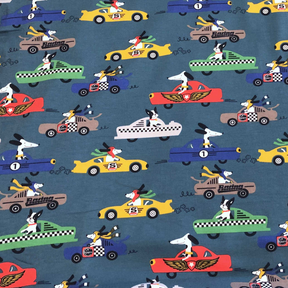 Race Car Dogs on Dark Teal Cotton Lycra Knit