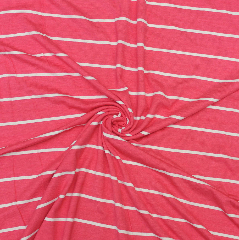 Coral and Off White Striped Rayon Spandex Jersey