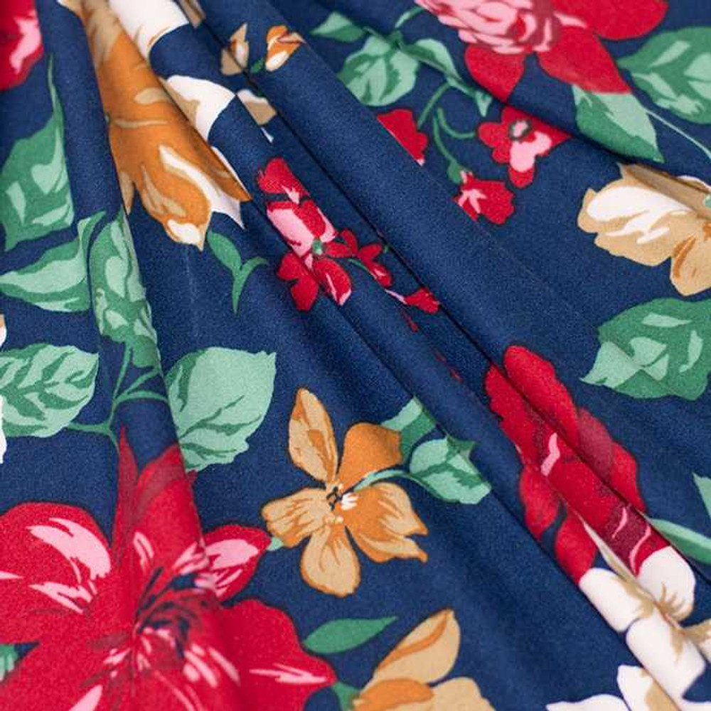 Red Floral on Navy Double Brushed Poly