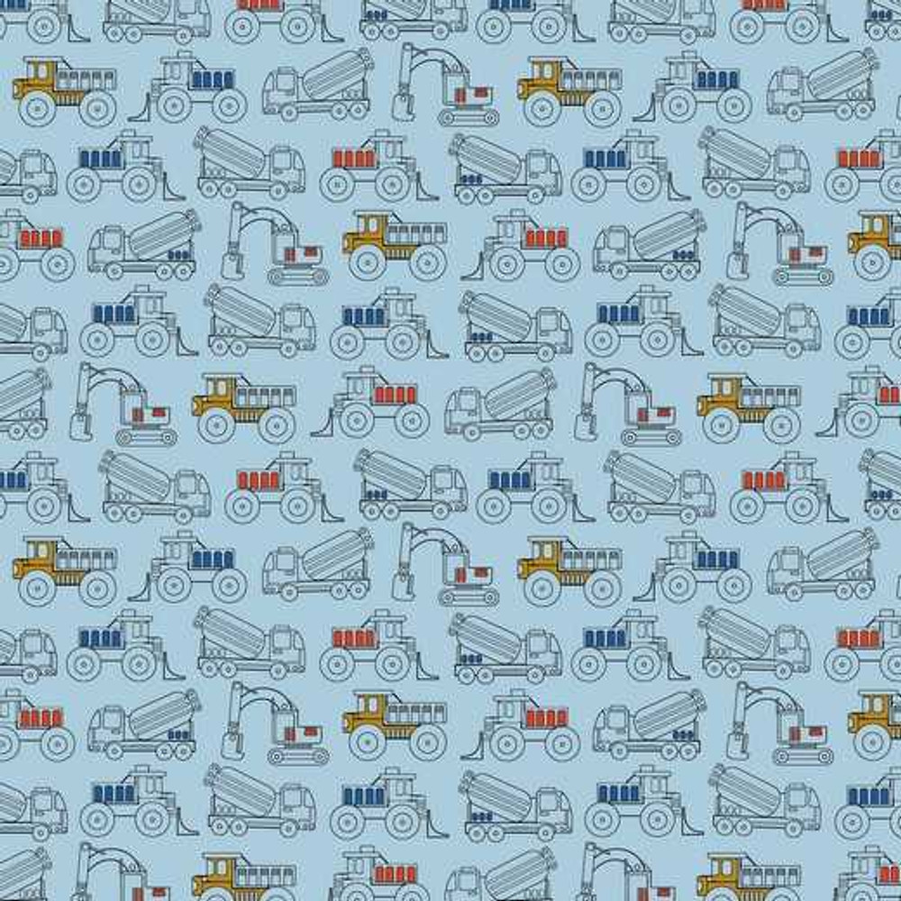 Construction Vehicles on Light Blue Cotton Lycra Knit