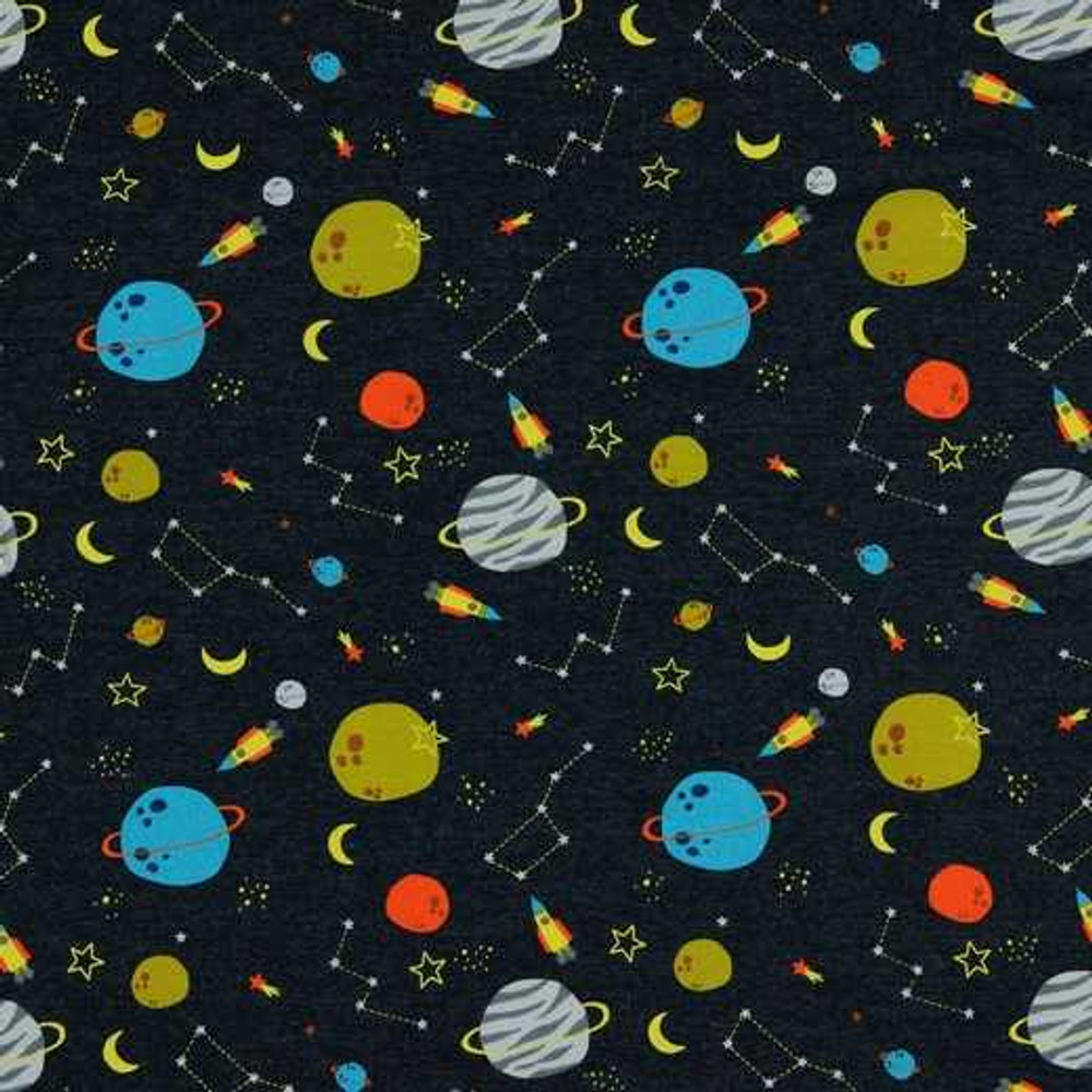 Fly With Me To Space on Indigo Melange Cotton Lycra Knit