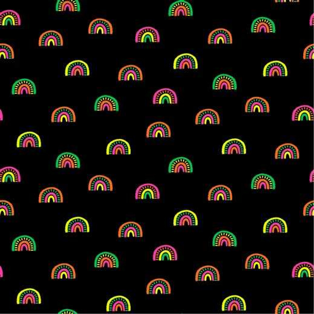 Neon Rainbow on Black Cotton Lycra Knit