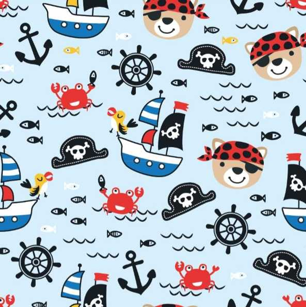 Maritime Pirates on Light Blue Cotton Lycra Knit