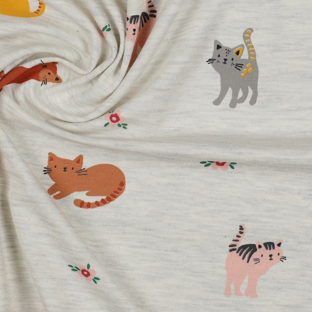 Cats on Ecru Melange Cotton Lycra Knit