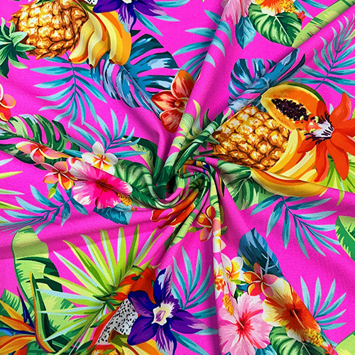 Tropical Fruit on Hot Pink UV 50+ Nylon Spandex - KnitFabric.com