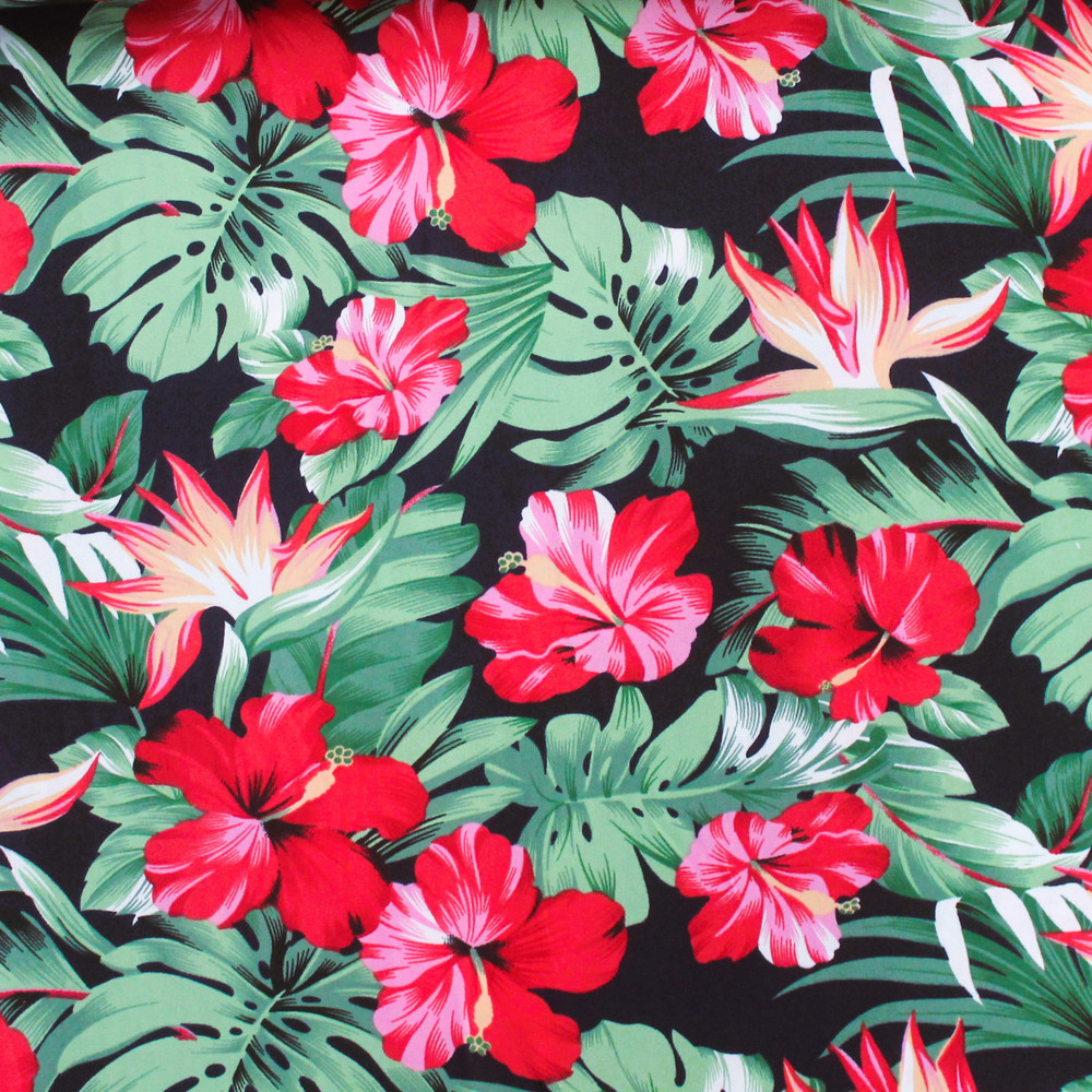 Red Tropical Floral on Dark Navy Double Brushed Poly - KnitFabric.com