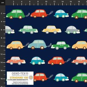 Stof Fabrics Cars on Navy Cotton Lycra Knit Stof Fabrics Cars on Navy Cotton Lycra Knit