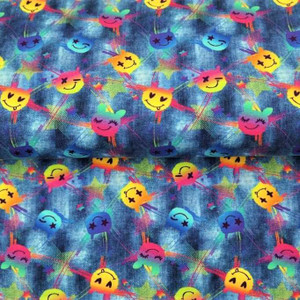 Smiley Faces on Faux Denim Cotton Lycra