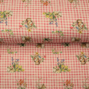 Woodland Friends on Pink Gingham Cotton Lycra