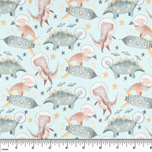 Custom Space Dinosaurs on Blue Cotton Lycra Rib Knit Custom Space Dinosaurs on Blue Cotton Lycra Rib Knit