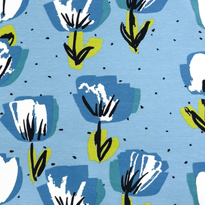 Pop Art Tulips on Blue Cotton Lycra Knit