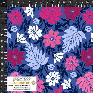 Stof Fabrics Pink Floral on Blue Cotton Lycra Knit Stof Fabrics Pink Floral on Blue Cotton Lycra Knit