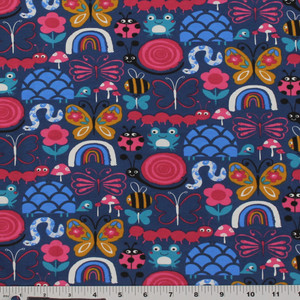 Stof France Colorful Bugs on Blue Cotton Lycra Stof France Colorful Bugs on Blue Cotton Lycra