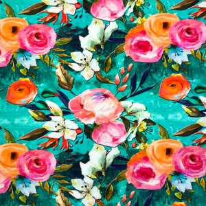 Ranunculus Floral on Teal Cotton Lycra Knit Ranunculus Floral on Teal Cotton Lycra Knit