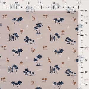 Palm Trees & Surfboards on Tan Cotton Lycra Knit