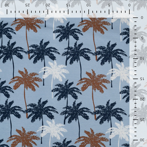 Beachy Palm Trees on Blue Cotton Lycra Knit